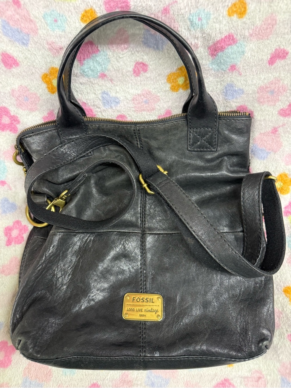 Fossil Black Leather Convertible Satchel with Brass Plaque
